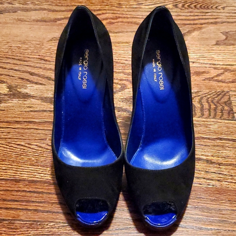 Sergio Rossi Black/Blue Suede Open Toe Pumps - Size 39 (US 9) Used